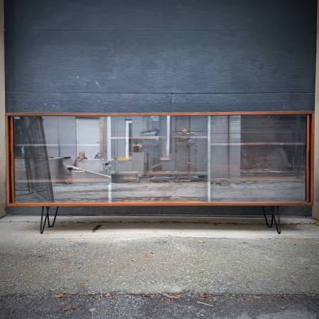 Extra long slim profile walnut and glass credenza shelf