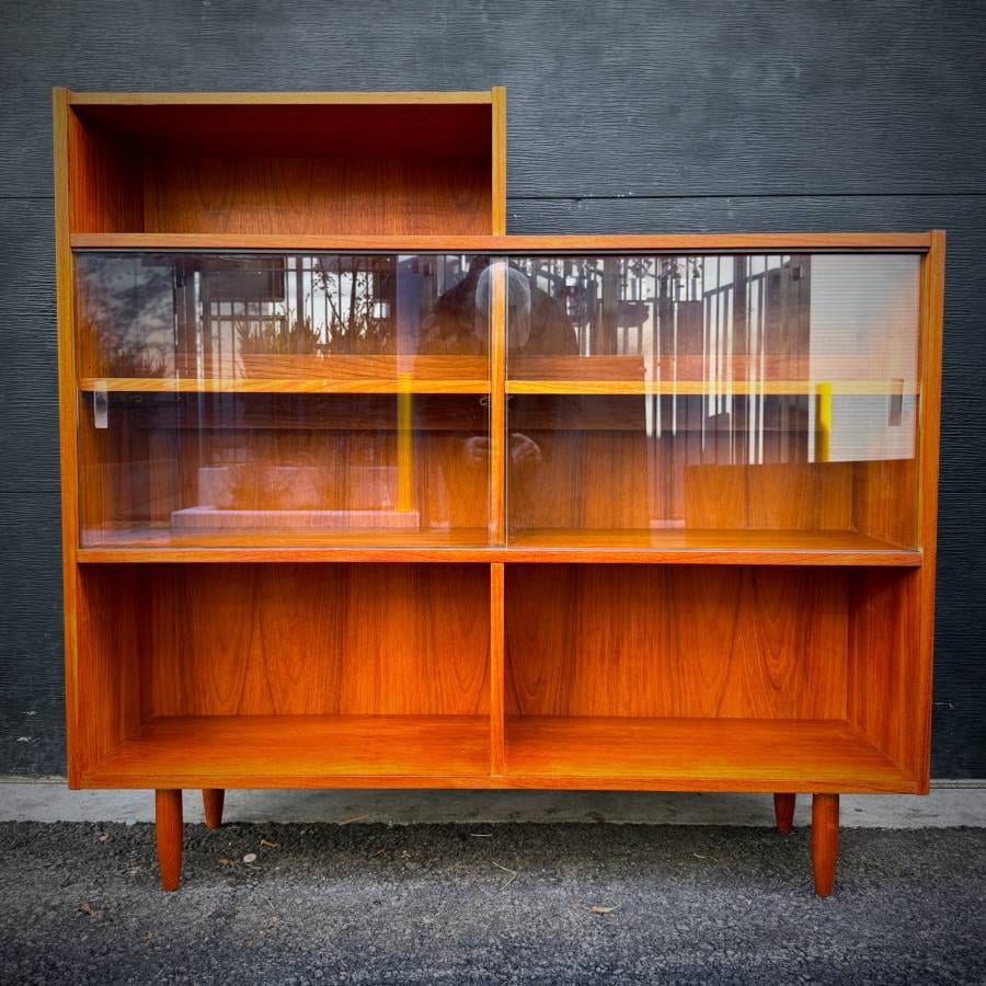 Mid century modern teak and glass asymmetrical shelving unit — photograph 2 of 7