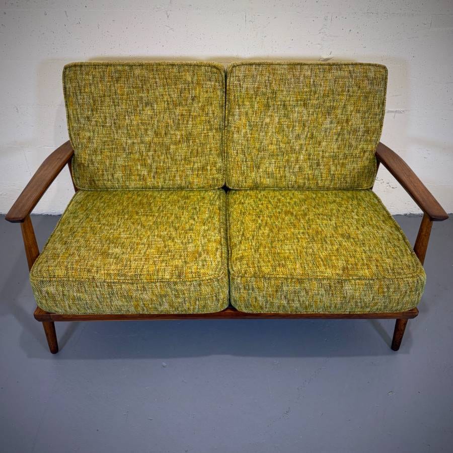 Beautiful mid century modern teak and wool love seat — photograph 4 of 9