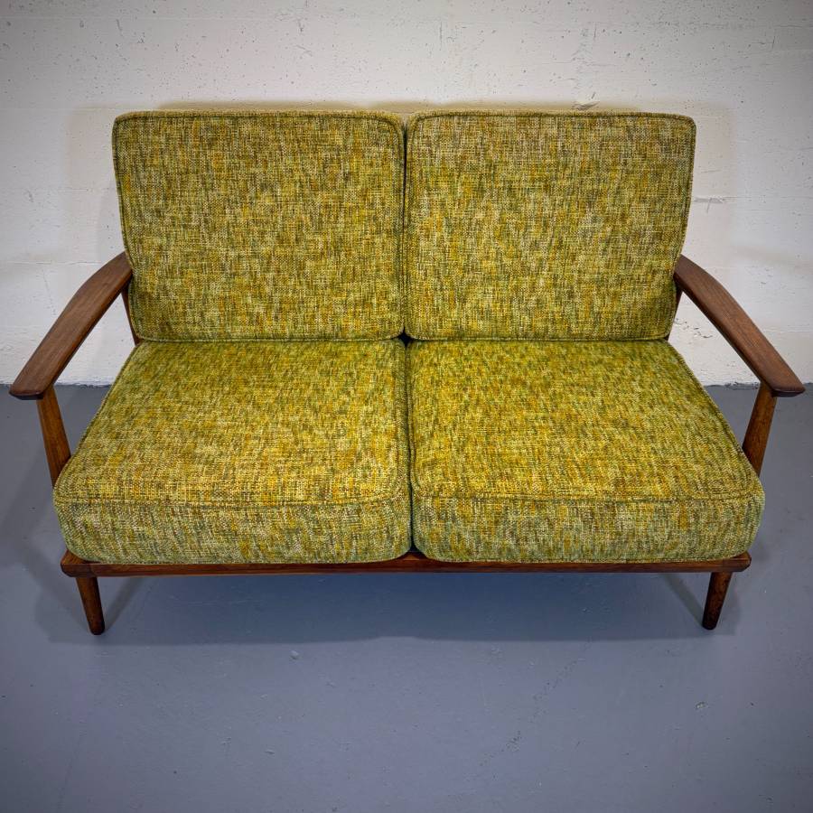 Beautiful mid century modern teak and wool love seat — photograph 4 of 9