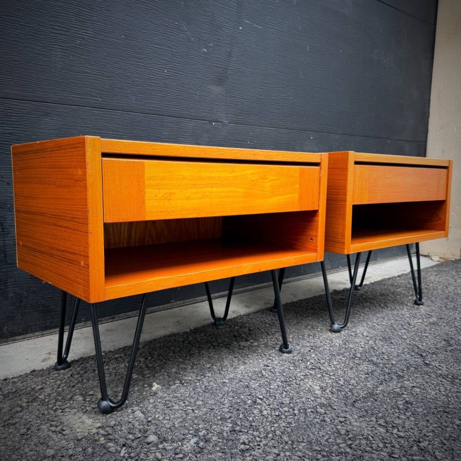 Pair of compact mid century modern atomic teak side tables — photograph 3 of 6