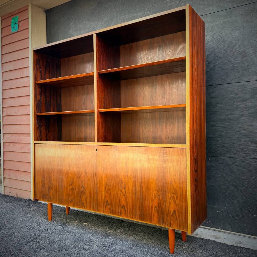 Poul Hundevad danish modern rosewood shelving unit with drop down bar — photograph 2 of 7