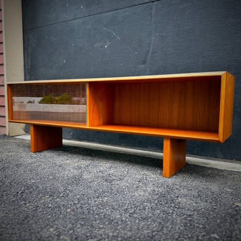 Slim low profile mid century teak and glass credenza media stand