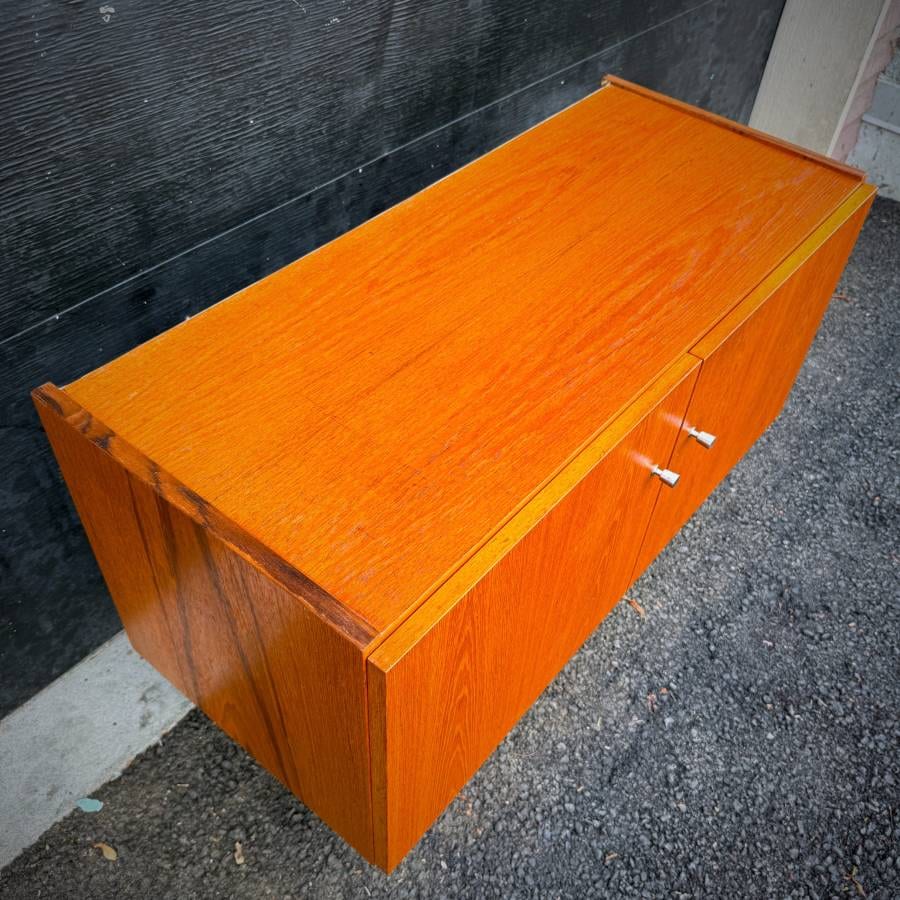 Compact mid century modern teak two door credenza — photograph 5 of 6