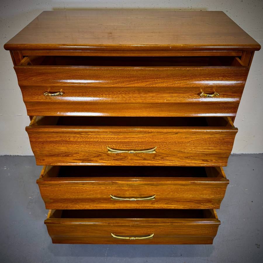 Solid pecan mid century modern tall boy dresser — photograph 5 of 7