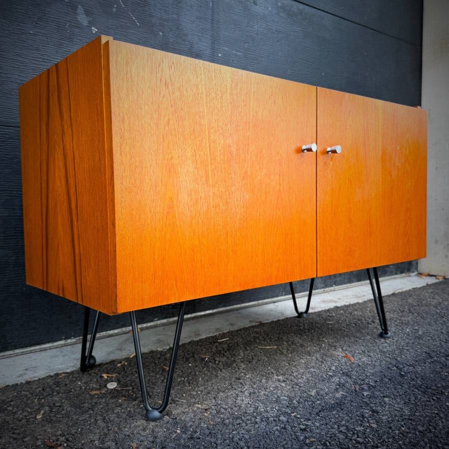 Compact mid century modern teak two door credenza — photograph 2 of 6